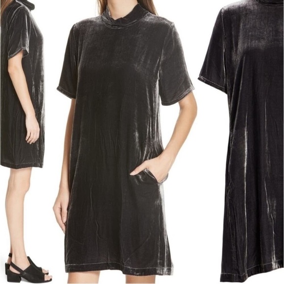 EILEEN FISHER Silk Blend Tie Back Velvet Mock-Neck Dress Charcoal Grey Small - Picture 6 of 10